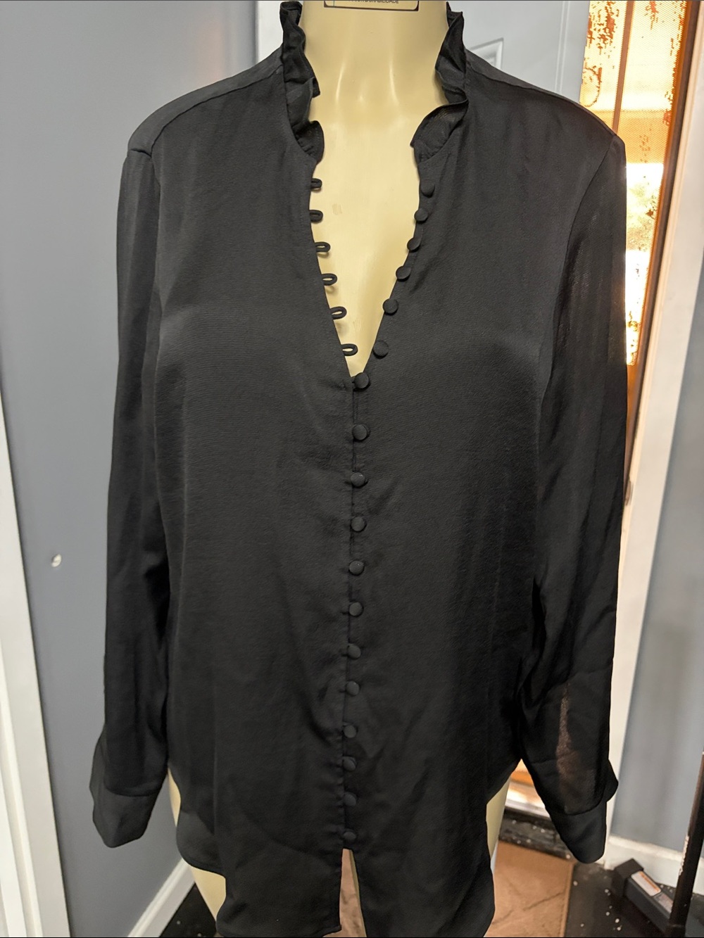 Express Black Ruffle-Trim Buttoned Blouse